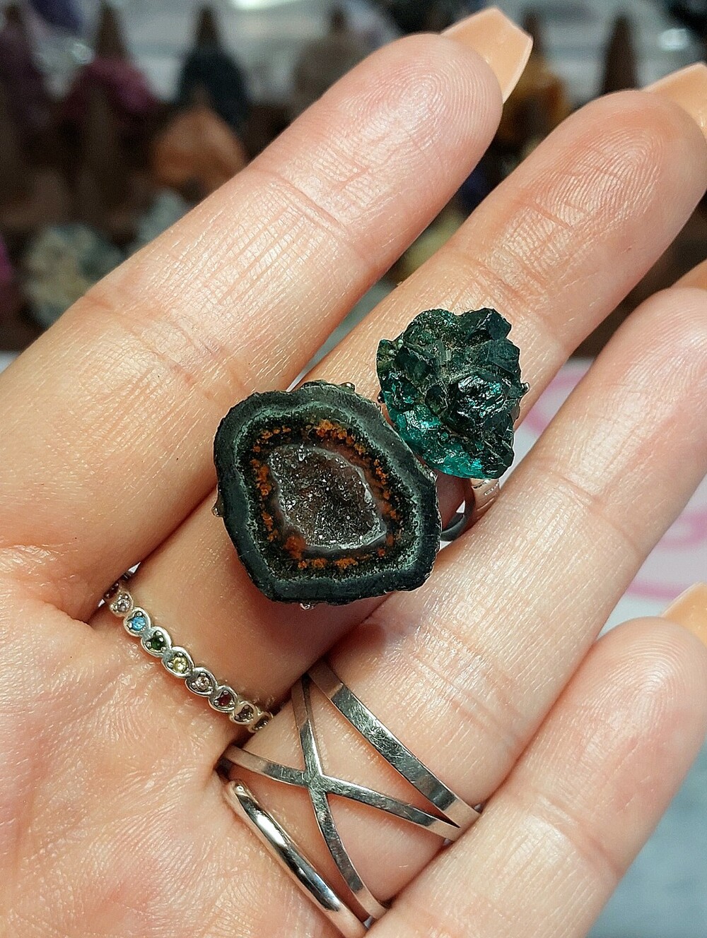 ⚒️ Mexican Tabasco Geode & Dioptase Copper Specimen Ring